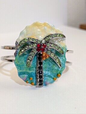 VTG Tropical Palm Tree Clamper Bangle Enamel Rhinestone Beach Bracelet
